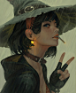 Anime 2000x2434 bra GUWEIZ open shirt smoking witch hat cigarettes gloves headdress warrior fantasy art collar digital art artwork headband earring