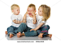 Two little girls calm the crying boy. isolated on the white background - stock photo