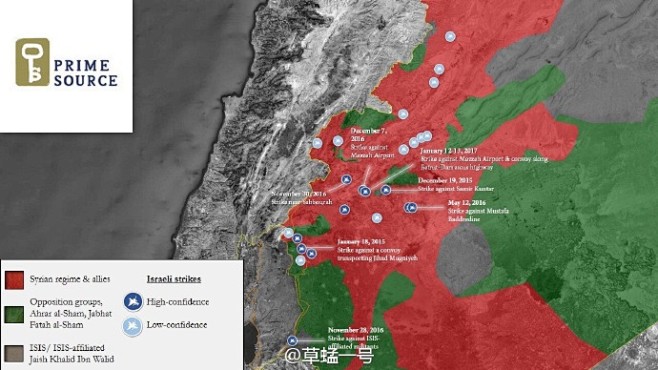 2015年以来以色列轰炸叙利亚地图