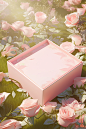 a pink box surrounded by white roses, in the style of nature-inspired imagery, smooth surfaces, sun-kissed palettes, realistic trompe-l'oeil, uhd image, spatial, flat form