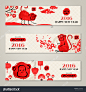 Horizontal Banners Set with Hand Drawn Chinese New Year Monkeys. Vector Illustration. Hieroglyph stamp translation: monkey. Red watercolor stain and black ink drawing, sketch. Symbol of 2016 New Year.