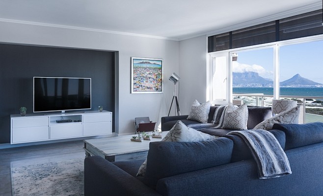 现代化的简约的休息室, 海景, 窗口, ...
