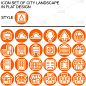城市景观图标设置为平面设计，带有橙色线条、白色填充物、橙色线条上的白色轮廓和橙色填充物背景.