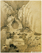  清 石涛 《黄山图册》① 】册页（共二十一开），纸本设色，34.5×20.8cm×21，北京故宫博物院藏。画黄山各处风景，虽无标题，但从景物可知何处，如莲花峰、蒲团松等。画家以水墨和设色去描绘黄山的姿态，从意象写生去观察表现心中黄山的美。用笔构图，显得漫不经意，皴法用笔，或长或短，不拘一格，灵活多变，取景构图则贴近于生活原形，目之所遇，随手拈来，笔随心转，不求完美