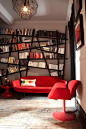 富有创意的书架   再加上红色布衣沙发   给人一种的感觉