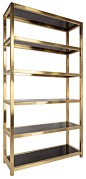 Casali Bookcase : Whether used as a bookcase or étagère, this classic piece will organize a room in high style. Crafted of golden stainless steel with black glass inset shelves, 