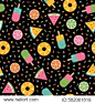Colorful summer seamless pattern with tropical fruits and ice cream memphis style
