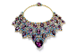 Draperie necklace, Cartier Paris, 1947. Twisted gold, platinum, briliant and baguette-sized diamonds, a heart-shaped amethyst, 27 emerlad-sized amethysts and one facetted oval-shaped and turquoise cabochons. Designed and made to an order from the Duke of 