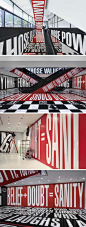 Barbara Kruger, Typography Installation, Hirshhorn Museum lower lobby and escalator, Belief and Doubt