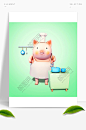 绿色底纹卡通Q版可爱小猪3D立体形象插画海报PSD