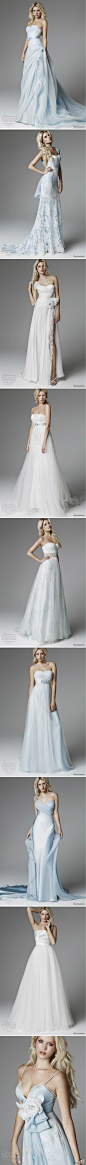 【Blumarine（蓝色情人）婚纱系列】主打浅水蓝色系婚纱，延续品牌喜爱的高腰蝴蝶结设计风格，加入更多蕾丝设计，清新靓丽。