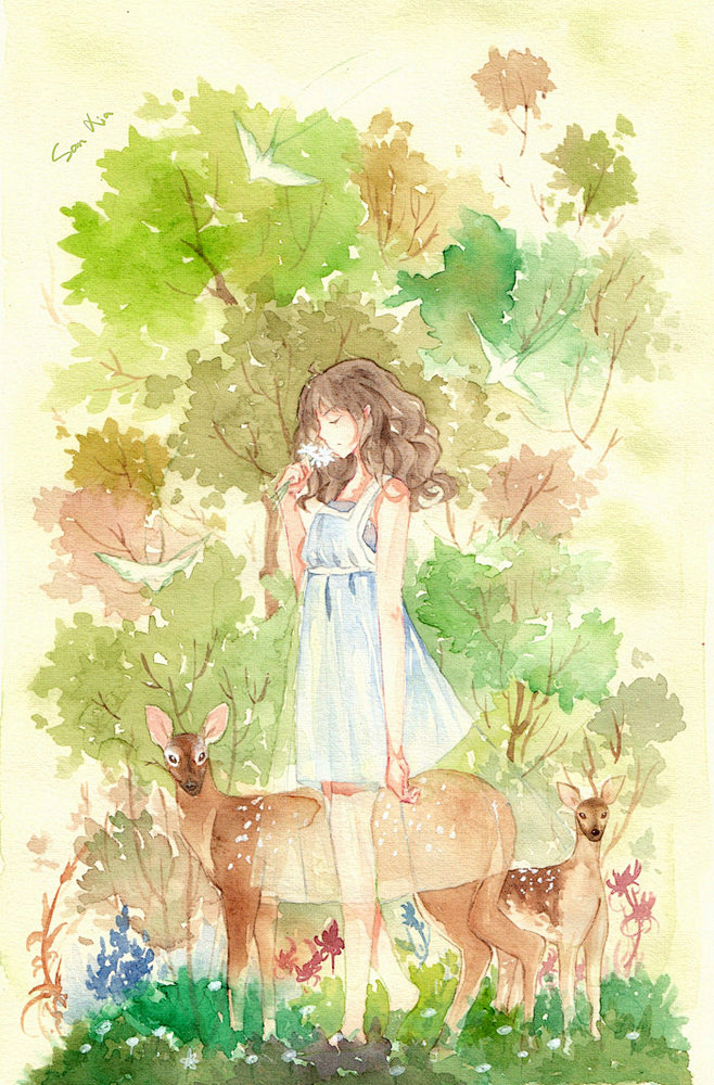 森系森女插画治愈系小清新唯美水彩美图