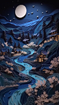 paper quilling of a japanese valley during night, 8k