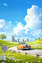 https://s.mj.run/OVosmv3ubcs 3D style, a convertible driving on the highway, with a "city" sign, windmill, spring, fun, colorful, green grass, blue sky, HD, C4D, redshift render --ar 85:128 --s 750 --niji 6 - Image #2