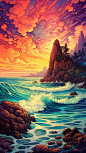 A vibrant coastal scene with rocky cliffs and crashing waves, in the style of poster art, hyper-detailed, richly colored skies, sgrafitto