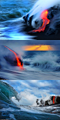 夏威夷灼热火山熔岩撞击海水瞬间