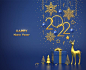 2022年元旦圣诞节礼物盒金色雪花麋鹿背景矢量图素材