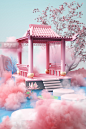 粉色梦幻3D立体中国风建筑烟雾国潮亭子背景图片_潮国创意