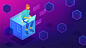 Blockchain development isometric concepts : Isometric blockchain technology and front end development concept. Blockchain developer sitting near GPU mining farm with laptop, writing code. Vector 3D isometric illustration on ultraviolet background.