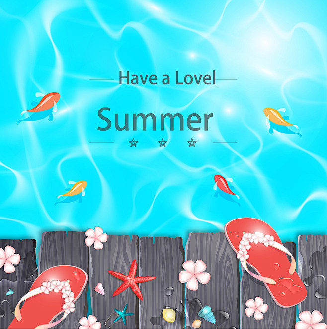 创意插画设计，夏天背景，蓝色背景，海边背...