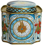 Fortnum & Mason Millennium Tea tea tin, decorated with clock face with hands nearing midnight, flanked by doormen in Georgian dress, taken from the London department store's iconic clock, c. 1999-2000, UK