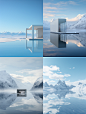 Realistic photography, an image of snow-covered mountains and snow-covered landscapes in the style of post-minimalist structures, surreal water, minimalist staging, New Horizon minimalism, Norwegian nature, sky blues and whites, floating structures, digit