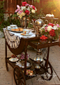 Tea cart all decked out with the "Aristocrat Collection" for a Downton Abbey feel: silver trays, silver pedestal trays, silver coffee servers and tea pots. Silver pitcher, sugar bowl and creamer serve to hold lovely flower arrangements!: 