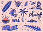 冲浪者的天堂冒险旅行线艺术类型大纲图刻字排版叶标志日落山海洋波浪冲浪板鳍女孩棕榈冲浪模式