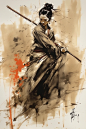 Gesture painting, guache on paper, female martial artist with bo staff, dynamic pose, professionally painted, in the style of Yoji Shinkawa