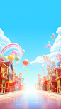 abstract background with colorful buildings in the sky, in the style of immersive environments, cute and dreamy, candycore, light bronze and sky-blue, fantastical street, 32k uhd, charming character illustrations