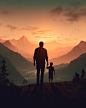 silhouette of a father and son holding hands overlooking a mountain valley