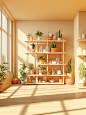 a 3d image of a room with shelving and potted plants, in the style of light yellow and light orange, stylistic nature scenes, yukimasa ida, physically based rendering, everyday life, orange and beige, organic material