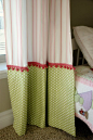 Creative ways to extend the length of your panels: adorable green and pink curtains for a little girl's room with mix and match stripes and polka dots, pom-pom trim in between.: 