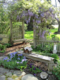 凉棚紫藤和花园长椅