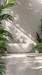 beautiful modern clean bathroom, white tile flooring, with a lot of plants


--ar 9:16