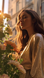 Milan, opalescent, psychedelic swirls, dslr, city background, biophilic design, floral, mannerism, modern, neo romanticism, 8k, far shot, hyperrealistic, simple outfit, italiante exterior design, dreamy glow, golden hour, brunette woman, sunlighting, soft