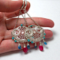 Silver dangle wire wrapped earrings with hot pink quartz , apatite and turquoise