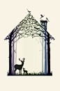 《麋鹿一家》，大麋鹿和小麋鹿，共同住在森林深处的一座绿叶编制而成的房子里，生活，歌唱~~~~很美的一组艺术插画，和谐的生活画面，满满的小清新之感~~