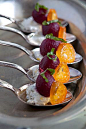 Pickled baby Beets with Herbed Goat cheese and Kumquats