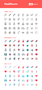 Icons : Healthcare icon set contains 40 icons. Each icon represented in 3 different styles (outline, filled outline & flat). So you get in total 120 fully customizable vector icons. If you need there is also PNG versions in 3 sizes (128, 256 & 512