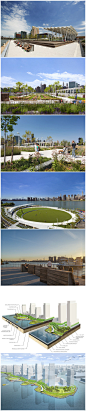【#滨水景观#2013AIA大奖 纽约长岛南滨#公园景观规划#】设计完美的利用了过去的工业遗址和周围壮美的城市与海湾景色建立起一个多层次的娱乐文化地。在公园中，基础设施，景观，构筑物，生态走廊被一体化的统筹设计，并能应对纽约东河河水水位的变化和上升泛滥，是名符其实的后工业生态滨水场地和新文化与生态范例。公园的绿色空间无疑是一到难得的风景，公园全面用到绿色椭圆和帝国大厦建筑构架馆。http://www.jiudi.net/content/?1611.html#滨水公园##生态廊道#