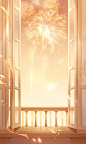 An empty window with a window view and fireworks, in the style of light orange and light gold, romantic illustrations, light and airy, chen zhen, light gold, airy and light