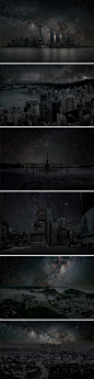 【“停电”后的夜景 】夜幕已经降临，是否已经很久没有见过星空的样子？灯火通明的灯光造成的城市光污染，让我们失去了很多，摄影师Thierry Cohen用后期合成的方式，创作了这些奇妙的影像。