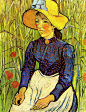 坐在麦田前年轻的戴着草帽的乡下女孩 荷兰 梵高 油画