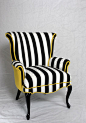 Black and white stripe chair with yellow velvet. Vintage wing back chair mid century modern chair. Element 20 designs: