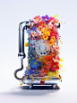 Telephone semi transparent melting, surrounded by flowers, neon, visible inside, iridescent opague thin film, Dieter Rams designer, Bauhaus style, high detail, 8k HD, industrial design, detailed, white background, advanced color matching, studio lighting