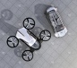 俯视图自动驾驶汽车和乘客无人机停在地面上