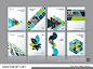 Business vector set. Brochure template layout, cover design annual report, magazine, flyer in A4 with green flying triangles, square, circles, flower, polygons for science, teamwork. Abstract