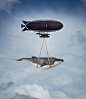 Blimp carrying whale in sky