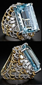 28 carat emerald-cut aquamarine and diamond cocktail ring in two-tone gold, circa 1960s-1980s. Via Diamonds in the Library. by bridgette.jons